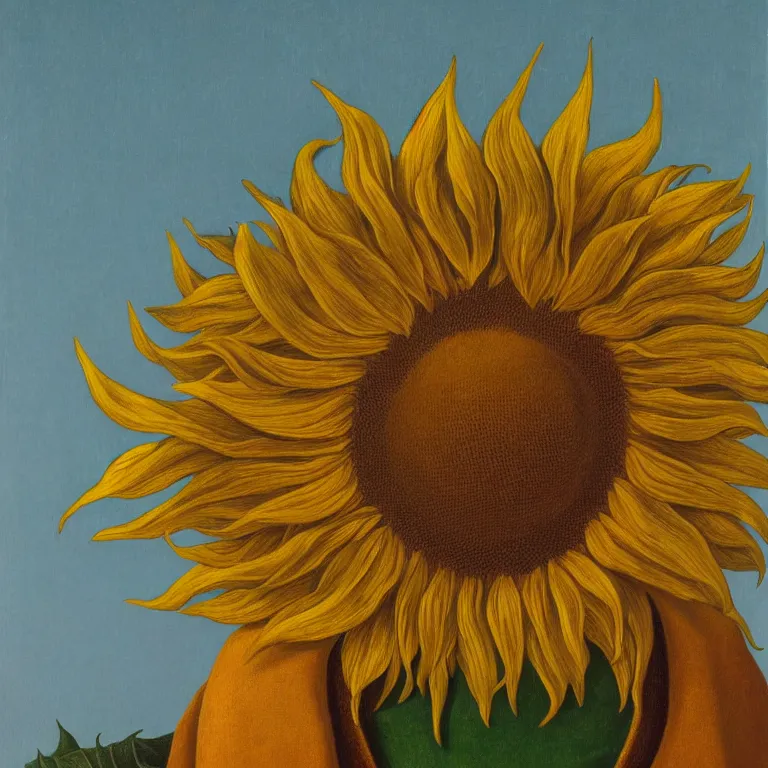 Image similar to portrait of a faceless sunflower - head man by rene magritte, detailed painting, distance, centered, hd, hq, high resolution, high detail, 4 k, 8 k