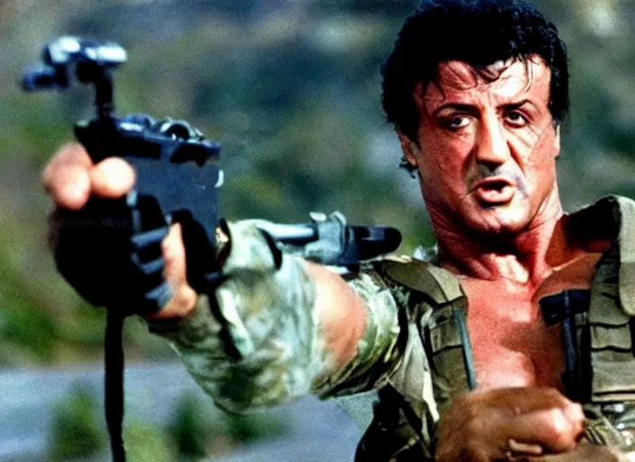 Prompt: sylvester stallone in a still from the movie Commando (1985)