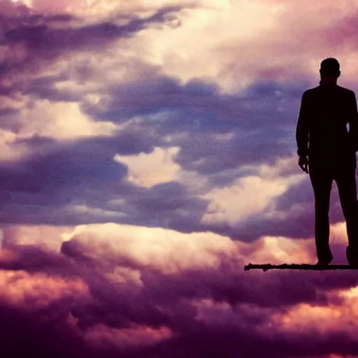 Prompt: a silhouette of a man standing among the clouds, award winning photograph, cinematic