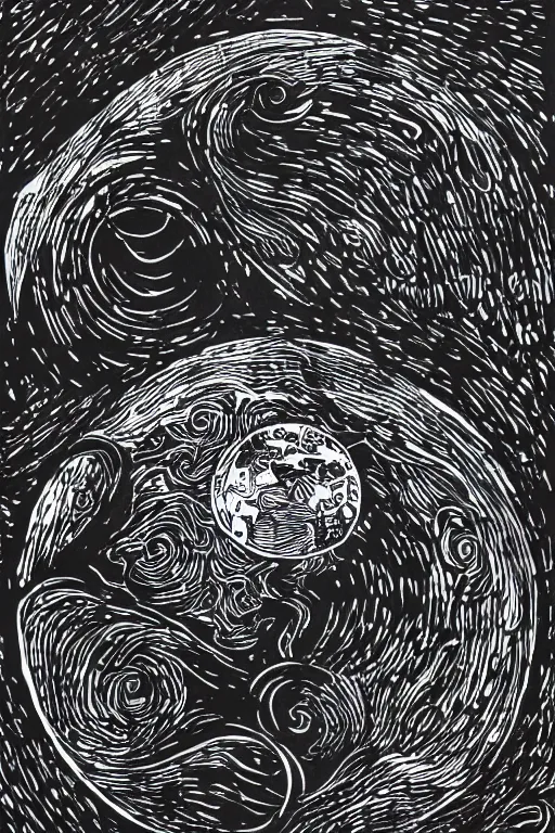 Image similar to The phases of the moon, lino cut, trending on artstation, artstationHD, artstationHQ, 4k, 8k