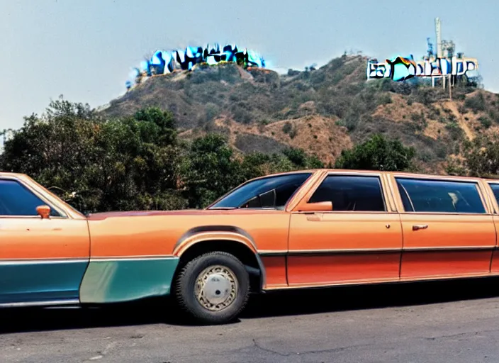 Prompt: color photo. a cool handsome photomodel lening against a limousine on hollywood boulevard in the 8 0's. showing money. hollywood sign in the background