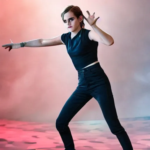 Image similar to Emma Watson doing the Fortnite Default dance, hyperrealistic, 8k UHD, studio photography, high quality, high detail, stunning lighting