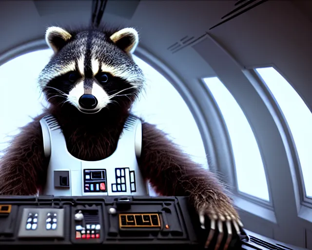 Prompt: 7 0 mm portrait, furry rocket the raccoon sitting in the cockpit of the millennium falcon, wearing stormtrooper armor!!, soft volumetric lighting, cinematic, ridley scott, james cameron, cinematic, rim lighting, dramatic, pixar, octane, 8 k, photorealism!!