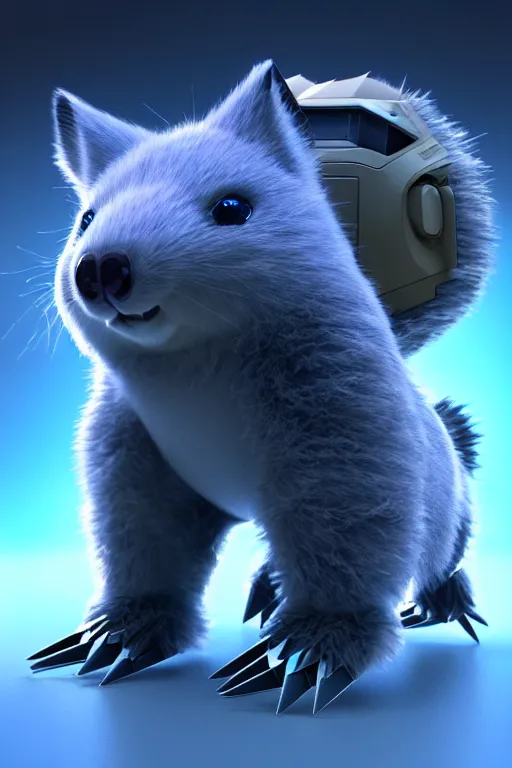 Image similar to high quality 3 d render sci - fi very cute mecha & fluffy! wombat!! hybrid! fighting, highly detailed, unreal engine cinematic smooth, in the style of blade runner & detective pikachu, hannah yata charlie immer, dark blue neon light, low angle, uhd 8 k, sharp focus