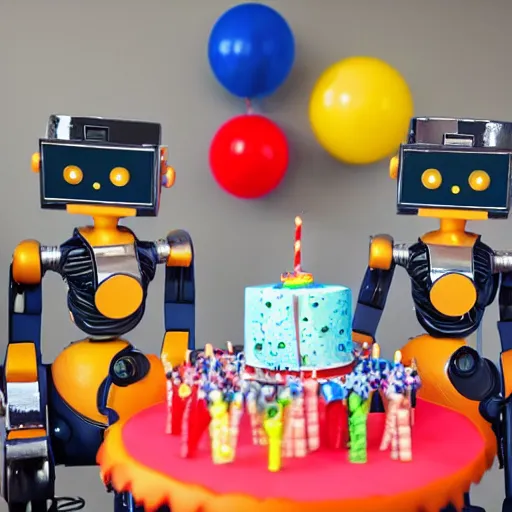 Prompt: robots having a cool party birthday party, highly detailed