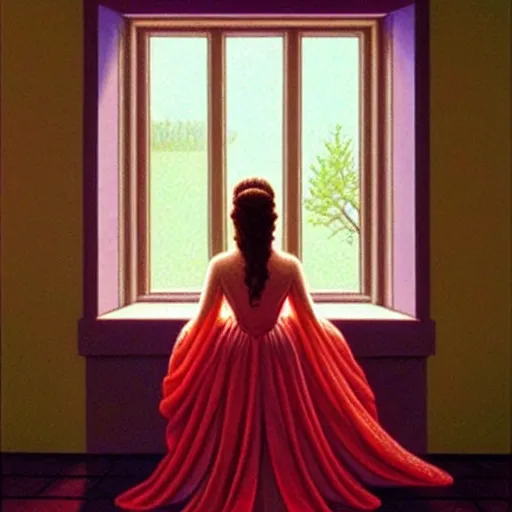 Prompt: a beautiful princess pensively looking out the window, painting by jeffrey smith and tim hildebrandt