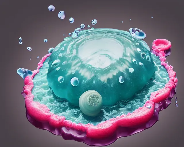 Prompt: a massive jelly sculpture of a squashed funny on a jelly donut floating on the ocean water, in the style of johnson tsang, cinematic, hyper - realistic, very detailed, realistic jelly splashes, ray tracing, 8 k resolution, long - shot, sharp focus, low angle, 8 5 mm photograph, wide lens