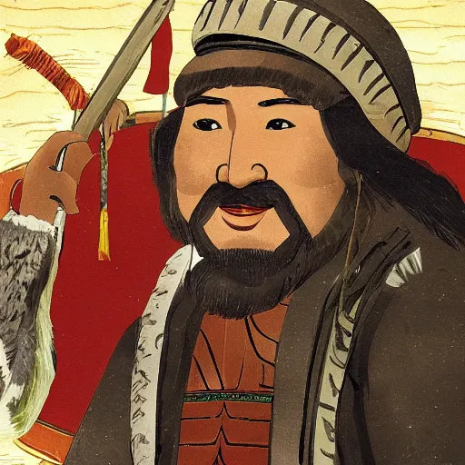 Prompt: genghis khan as a janitor in a dimly lit elementary school