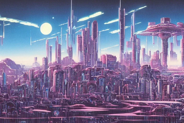 Image similar to 1 9 8 0 s science fiction anime background painting of an alien planet metropolis cityscape