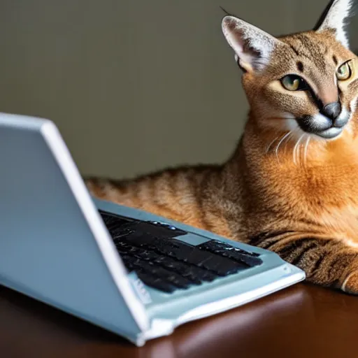 Prompt: cat caracal sitting in front of a laptop and typing something