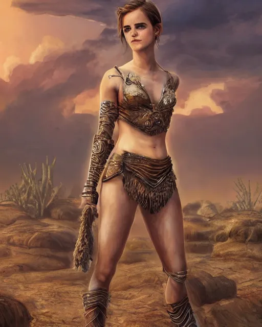 Prompt: emma watson posing in a desert with amazonian armor, beautiful eyes, realistic face, full body, fantasy art, illustration, epic, fantasy, intricate, hyper detailed, artstation, concept art, smooth, sharp focus, ray tracing, vibrat,