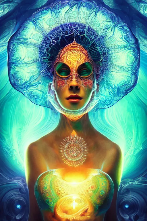 Image similar to a centered render of an alluring goddess wearing a psychedelic mask surrounded by a underwater ink pour and energy made from geometry and spiral mandel bulb fractals, powerful, cinematic, beautifully lit, by artgerm, by karol bak, 3 d, trending on artstation, octane render, 8 k