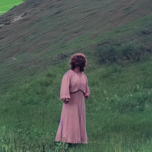 Prompt: middle aged woman who is half human, half muppet, wearing a dress, in the hillside, 1980 French film, archival footage, technicolor film expired film live-action, 16mm