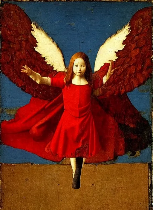 Image similar to Flying Fallen Angel with wings dressed in red, Medieval painting by Jan van Eyck, Johannes Vermeer, Florence