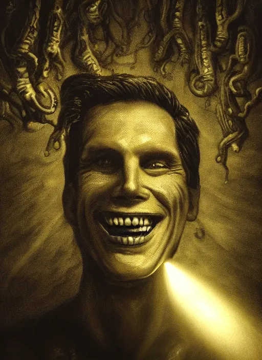 Image similar to portrait of lovecraftian smiling jerma, surrounded by beams of light dark background by wayne barlow, stanley donwood, anton semenov, zdzislaw bekinski, hr giger, 8 k, fantasy, dark, highly detailed