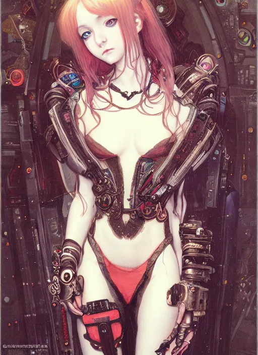 Image similar to portrait of cute beautiful young gothic maiden, cyberpunk, Warhammer, highly detailed, artstation, illustration, art by Gustav Klimt and Range Murata