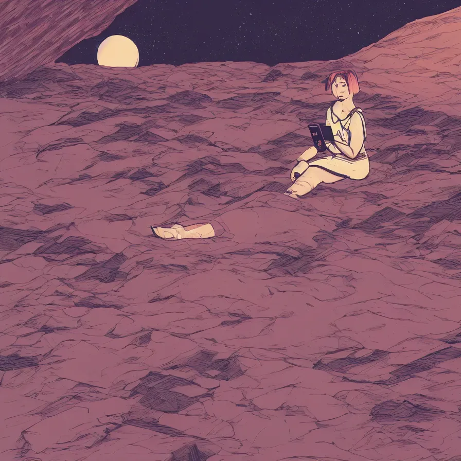 Image similar to very detailed, prophet graphic novel, ilya kuvshinov, mcbess, rutkowski, simon roy, illustration of a girl sitting alone on the surface of mars while staring at her phone, wide shot, colorful, deep shadows, astrophotography, award winning