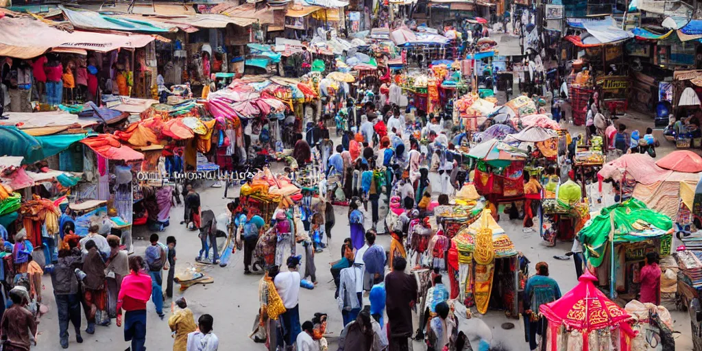 Image similar to indian street market filled with people, food stalls, rickshaws photography