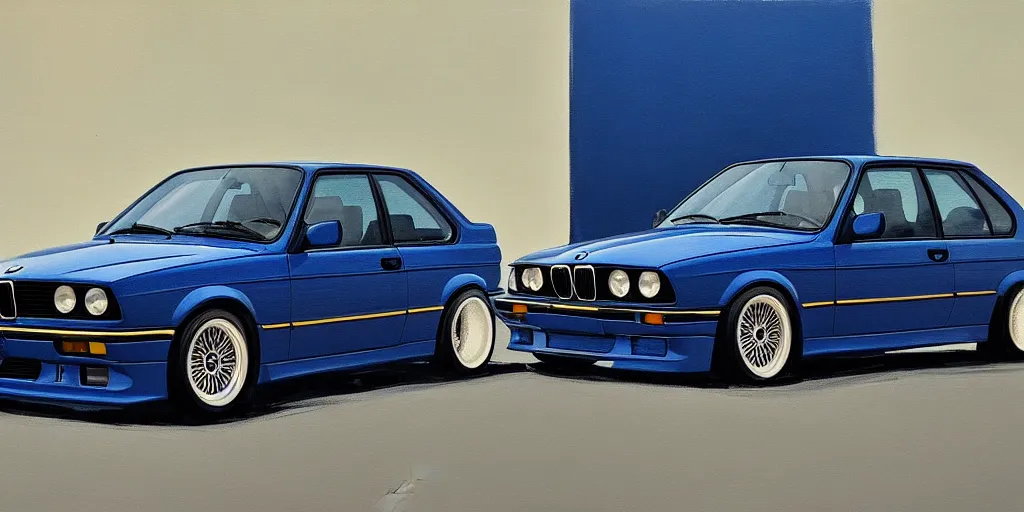 Prompt: bright dark blue BMW e30, hyper realism, depth of view 8k.