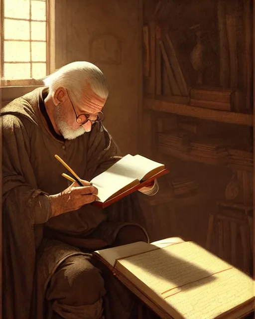 Image similar to old male scribe writing a book, middle ages | | realistic shaded, fine details, realistic shaded lighting poster by greg rutkowski, diego gisbert llorens, magali villeneuve, artgerm, jeremy lipkin and rob rey