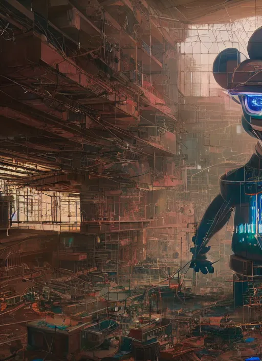 Image similar to engineers building giant head of cyberpunk mickey mouse, inside of abandoned netflix office, by beeple, dystopia, golden ratio, octane render, redshift, trending on artstation, 8 k