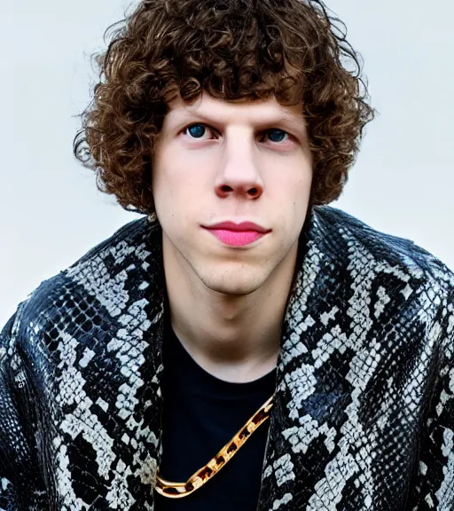 Prompt: detailed attractive characther portrait of jesse eisenberg wearing oversized snake skin jacket and golden chain, realistic, wide angle, dramatic light 8 k