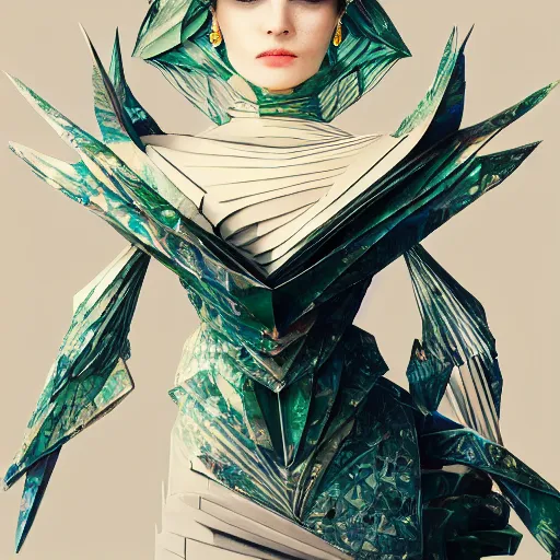 Image similar to 3 / 4 view of a beautiful girl wearing an origami dress, ground - level medium shot, elegant, by eiko ishioka, givenchy, philippe druillet, by peter mohrbacher, centered, fresh colors, origami, fashion, detailed illustration, vogue, high depth of field, japanese, reallusion character creator