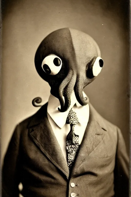 Image similar to anthropomorphic octopus , wearing a suit, tentacles spilling out of the collar, vintage photograph, sepia