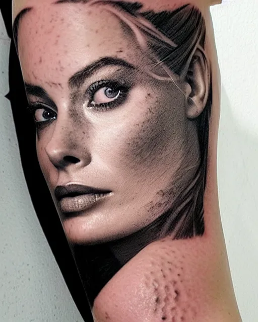 Image similar to creative double exposure effect tattoo design sketch of margot robbie face blended with beautiful mountain scenery, realism tattoo, in the style of matteo pasqualin, amazing detail, sharp