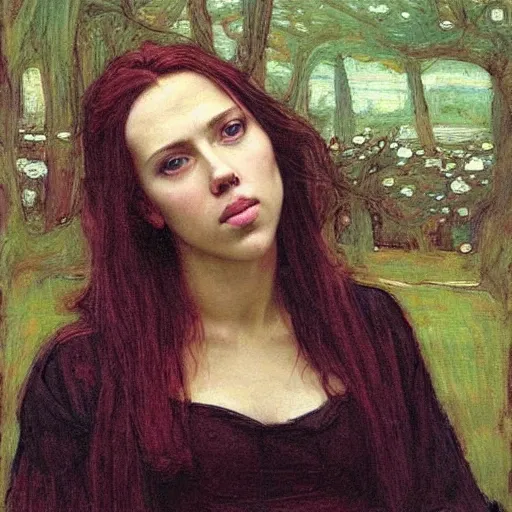 Image similar to “Scarlett Johansson portrait, John William Waterhouse”