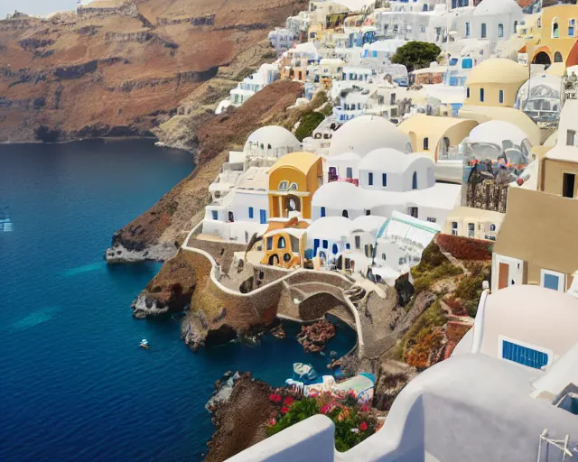 Image similar to a wholesome animation key shot of a Santorini greek city, overhead shot, wide shot, architecture, studio Ghibli, Pixar and Disney animation, sharp, very detailed, high resolution, inspired by Hayao Miyazaki, anime key art by Greg Rutkowski, Bloom, dramatic lighting