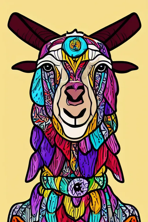 Prompt: A portrait of a goat wearing a bandana, sticker, colorful, illustration, highly detailed, smooth and clean vector curves, no jagged lines, vector art, smooth