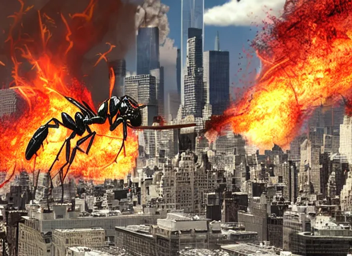 Prompt: giant ant destroying new york, fire, flames, edf earth defense force