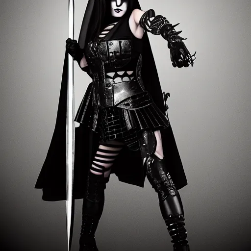 Image similar to photo of a female goth warrior with weapons