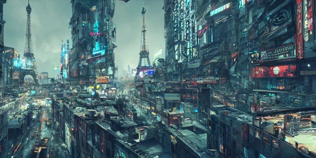 Image similar to a photo of 8k cyberpunk paris, cinematic lighting, trending on artstation, 4k, hyperrealistic, focused, extreme details, unreal engine 5, cinematic, masterpiece