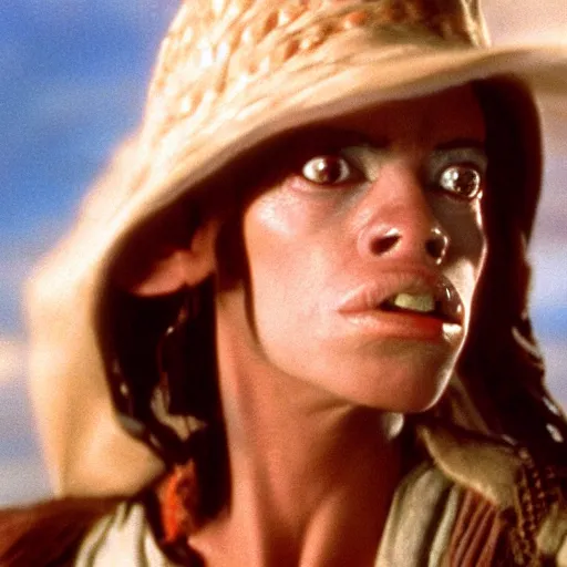 Image similar to film still of jar jar binks as a female cowgirl, long eyeslashes, big juicy lips, big seductive eyes