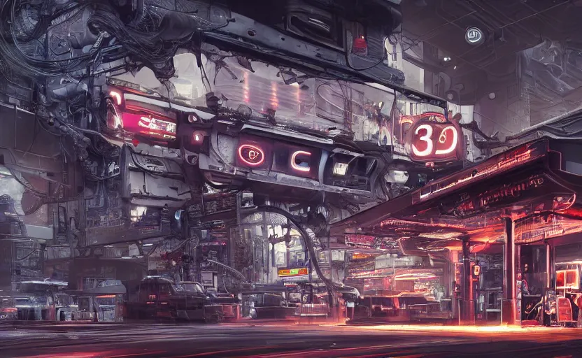 Image similar to Gas station, hyperrealistic mixed media, stunning 3d render inspired art by P. Craig Russell and Barry Windsor-Smith + perfect facial symmetry + dim volumetric lighting, 8k octane beautifully detailed render, post-processing, extremely hyperdetailed, intricate futuristic mechanic parts, epic composition, grim yet sparkling atmosphere, cinematic lighting + masterpiece, trending on artstation