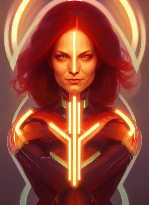 Image similar to symmetry portrait of jean grey from 9 0 s x - men, glowing lights, intricate, elegant, highly detailed, digital painting, artstation, concept art, smooth, sharp focus, illustration, art by artgerm and greg rutkowski and alphonse mucha