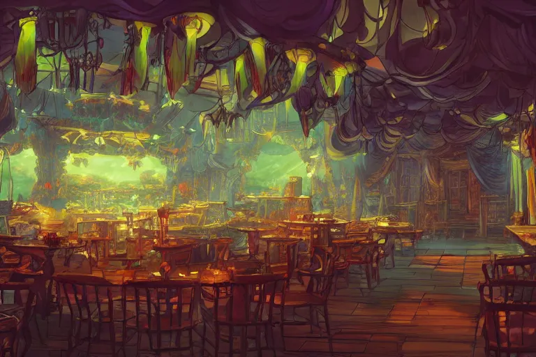 Image similar to interior wide angle shot of a fantasy cabaret in the style of studio ghibli, makoto shinkai