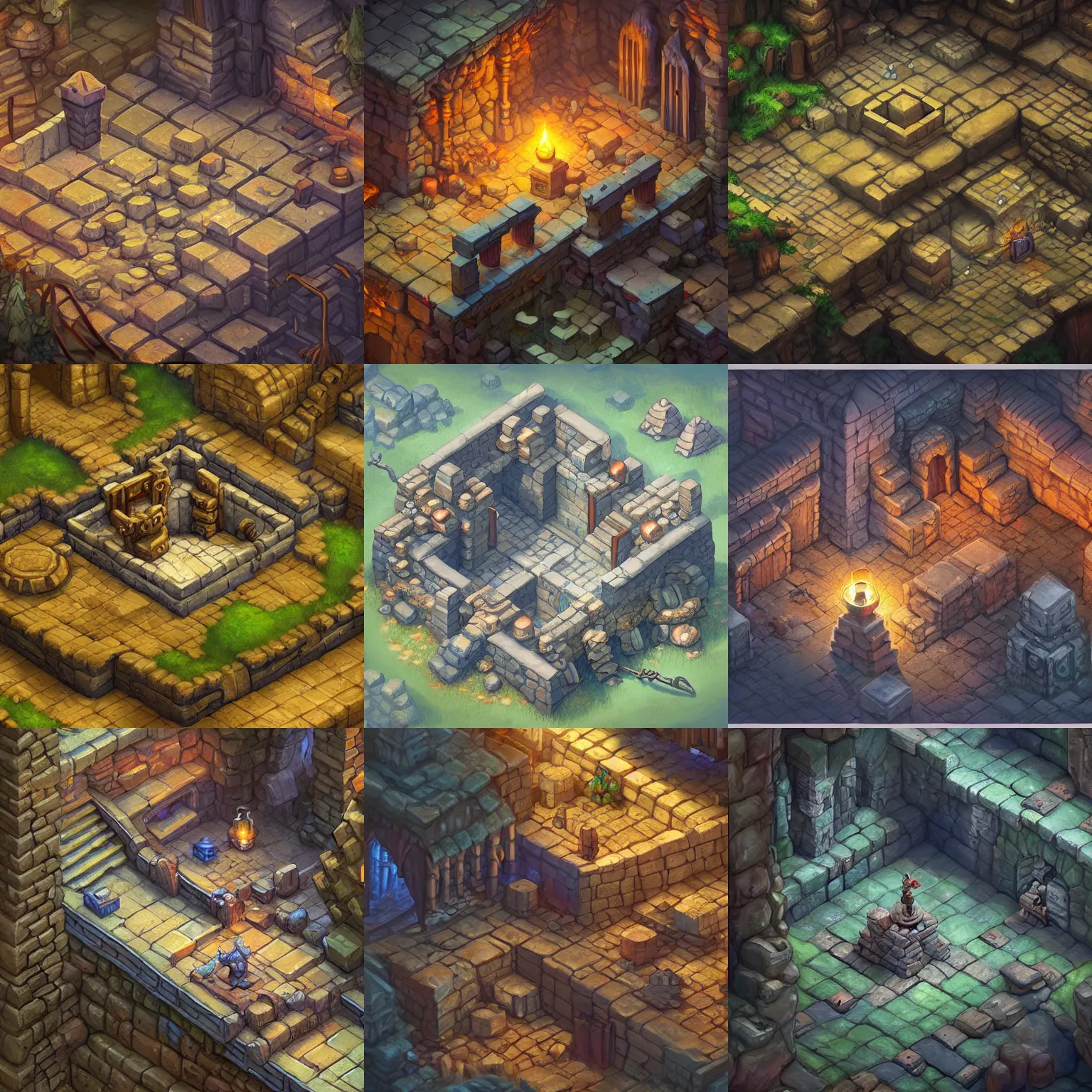 Prompt: a digital painting of a isometric dungeon tile by justin gerard, paul bonner, rpg game environment asset, dark background, highly detailed, volumetric lighting, digital art, isometric, artstation hd