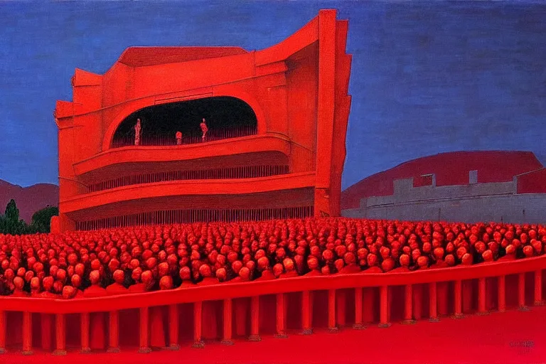 Image similar to only with red, a red great emperor, taormina amphitheatre, expressive crowd with big smile, in the style of beksinski, parts by edward hopper, parts by rodcenko, parts by yue minjun, intricate and epic composition, red by caravaggio, insanely quality, highly detailed, masterpiece, red light, artstation, 4 k