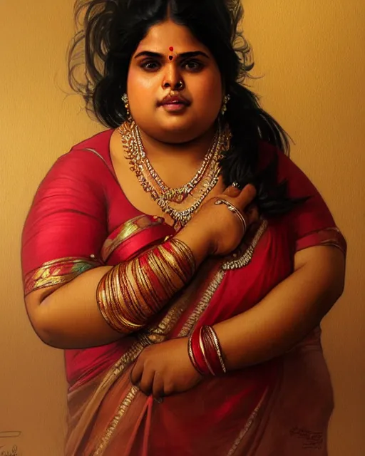 Image similar to Portrait of very very very very obese indian woman, real life skin, intricate, elegant, highly detailed, artstation, concept art, smooth, sharp focus, art by artgerm and greg rutkowski and alphonse mucha