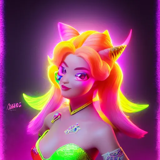 Image similar to Princess peach mixed with jinx from league of legends, dancing, background with neon lighting, fullshot, raytrayced, octane render, epic composition, intricate details, hyperrealist, by Joe Benitez, WLOP, Alessandro Barbucci, Barbara Canepa