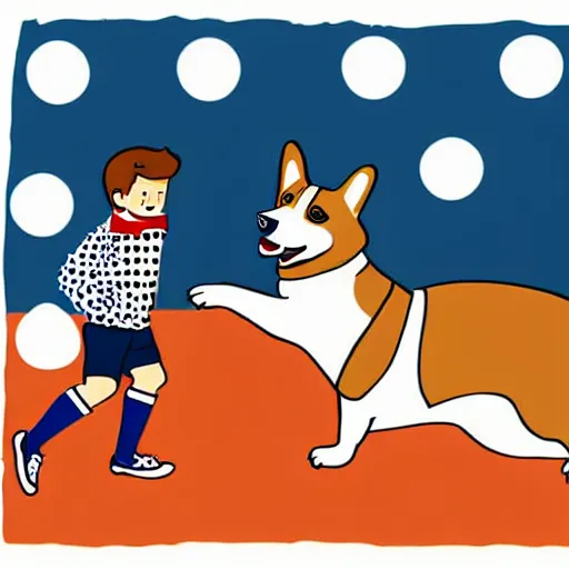 Image similar to illustration of french boy in paris playing football against a corgi who is wearing a polka dot scarf