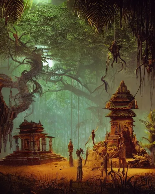 Image similar to 8 k concept art from a hindu temple lost in the jungle at dusk by david mattingly and samuel araya and michael whelan and dave mckean and richard corben. volumetric lighting. composition and layout inspired by gregory crewdson