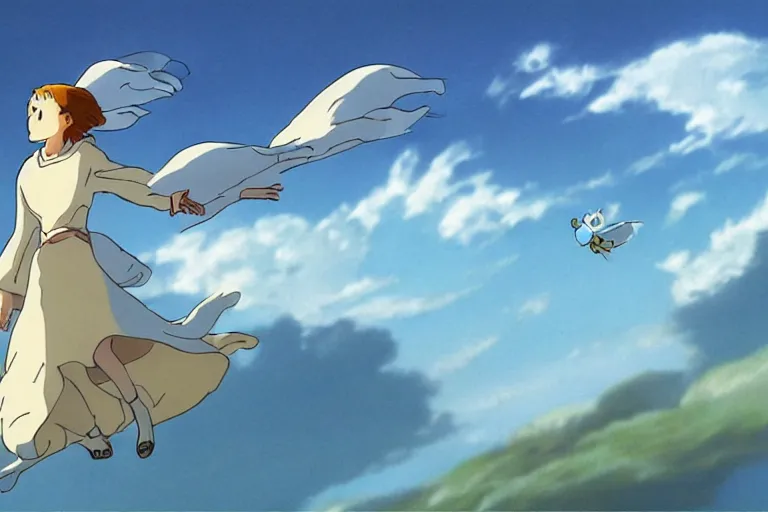 Image similar to A cell animation of girl flying with a bird-shaped white glider over the clowds, Nausicaa of the Valley of the Wind, Miyazaki Hayao, ghibli style, illustration, anime, trending on artstaion