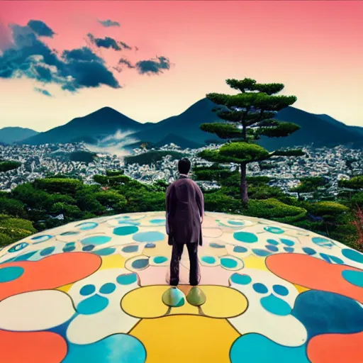 Image similar to a man walking on clouds away from the camera above kyoto by takashi murakami, beeple and james jean, aya takano color style, 4 k, super detailed, modern, 4 k, symmetrical