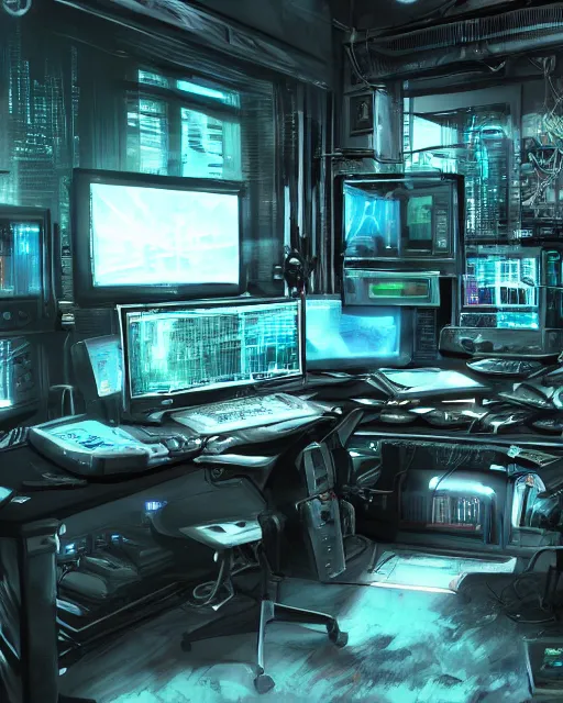 Image similar to artstation cyberpunk scifi scene of a complex computer workstation in a small studio apartment room, many monitors, many electronics, a window view, very detailed, maximalism, ambient occlusion, volumetric light, atmospheric haze, unreal engine, hyper realism, realistic shading, cinematic composition, realistic render, octane render, detailed textures, photorealistic, wide shot