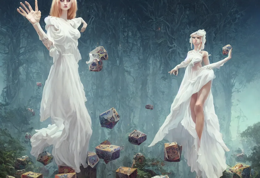 Prompt: full body picture of a white dress witch, standing on a floating greed cubes with monster companions, model pose, very brightening eyes, huge magic circles on the hand, magic and fantasy, extremely beautiful and aesthetic and detailed cute face, specular reflection, occlusion shadow, intricate, masterpiece, by ilya kuvshinov and jeremy lipking and quentin mabille