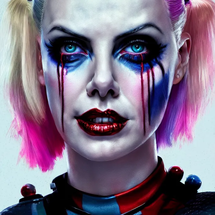 Image similar to portrait of charlize theron as a harley quinn in suicide squad. intricate abstract. intricate artwork. by tooth wu, wlop, beeple, dan mumford. octane render, trending on artstation, greg rutkowski very coherent symmetrical artwork. cinematic, hyper realism, high detail, octane render, 8 k, iridescent accents